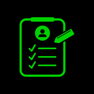 Green checklist form on a clipboard with user icon and pencil on a black background