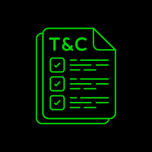 Green terms and conditions document with checkmarks on a black background