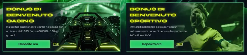 onus di Benvenuto Casinò e Bonus di Benvenuto Sportivo, offerta di benvenuto con deposito per giochi da casinò e scommesse sportive.