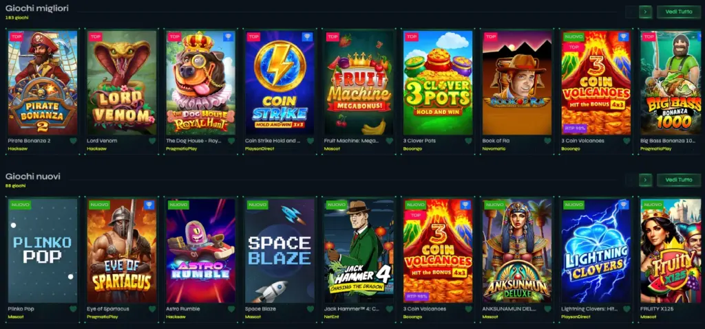 Selezione di giochi popolari e nuovi, tra cui Pirate Bonanza, Lord Venom, e altri giochi d'azzardo di tendenza.
