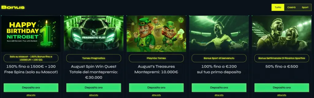 Offerte di bonus per il compleanno e per il benvenuto, tra cui un bonus del 150% fino a 1500€ e un torneo con un montepremio di 30.000€.