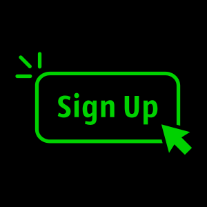 Un pulsante verde luminoso “Sign up” con una freccia che indica dove cliccare.