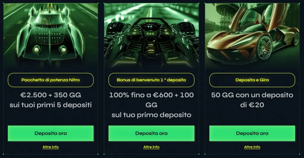 Immagine di un'auto sportiva in un contesto futuristico, mostrando pacchetti bonus e giri gratuiti su un sito di gioco.
