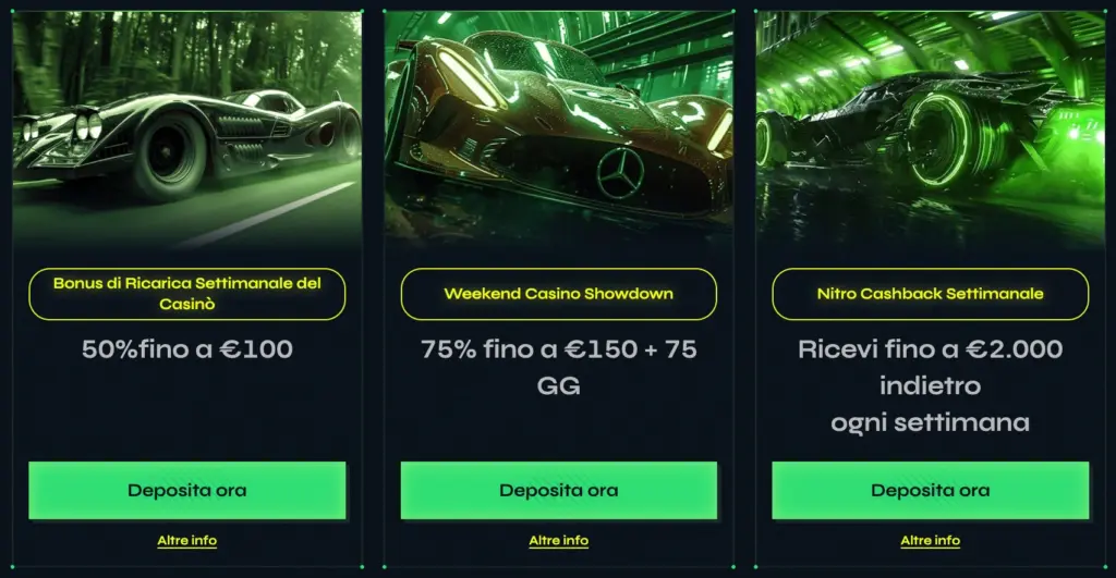 Immagine di un'auto sportiva di lusso, con pacchetti bonus e offerte settimanali per i giocatori, presentando un'ambientazione di gioco dinamica.